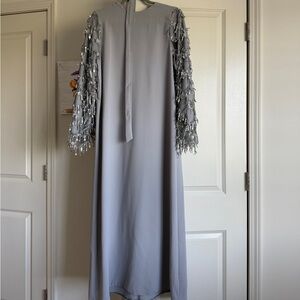 Elegant Gray Beaded Sleeve Modest Dress